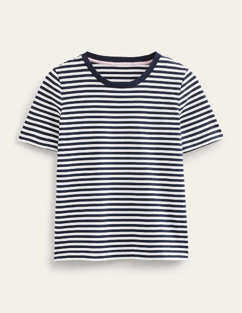 White / Navy Women's Boden Pure Cotton Crew T-Shirt | 81250IVSX