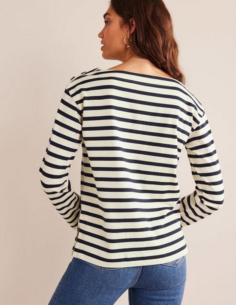 White / Navy Women's Boden Sophie Breton Tops | 06253UFWX