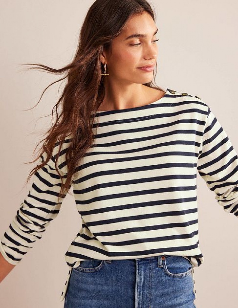 White / Navy Women's Boden Sophie Breton Tops | 06253UFWX