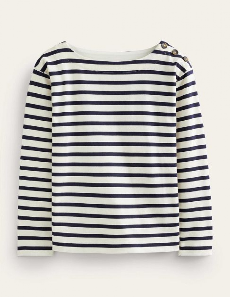 White / Navy Women's Boden Sophie Breton Tops | 06253UFWX