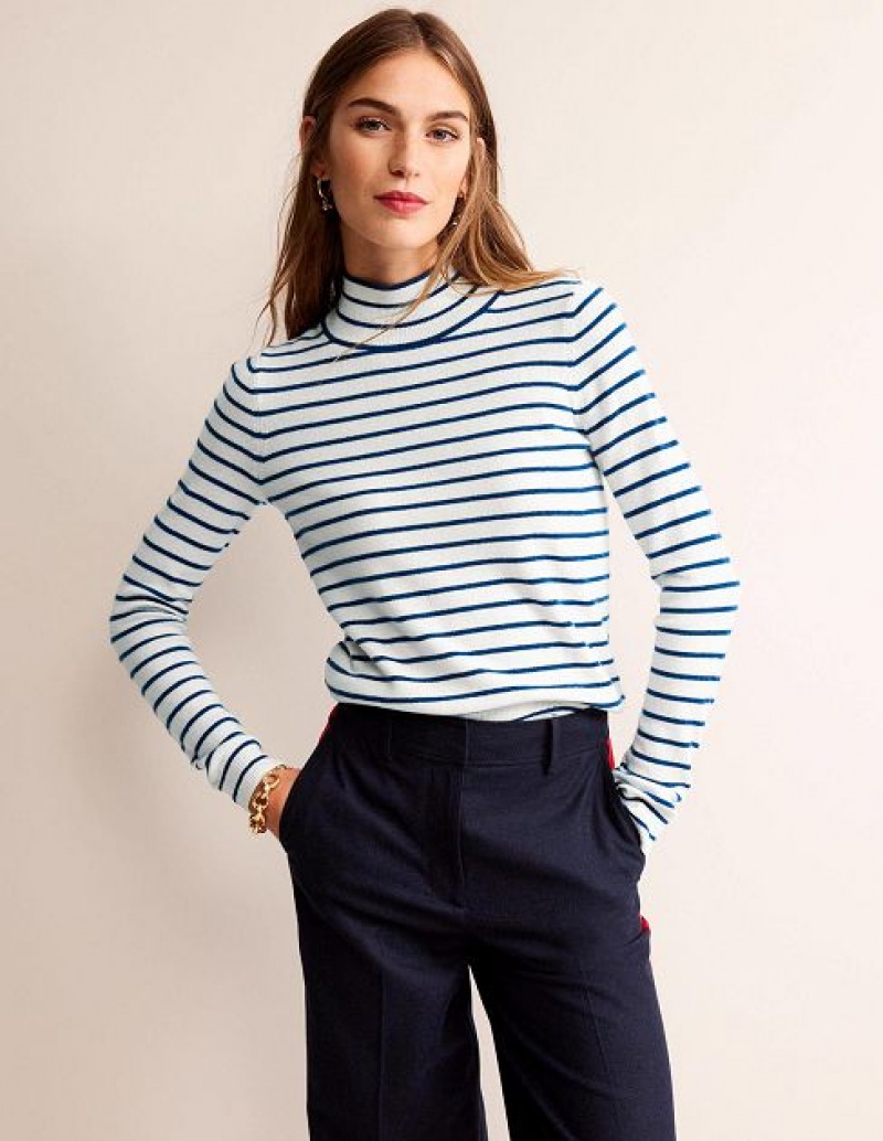 White / Navy Women's Boden Striped Cashmere Sweaters | 67485LCYJ