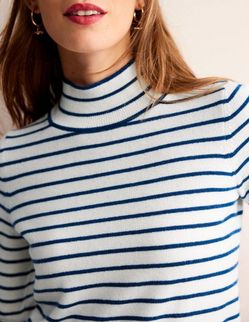 White / Navy Women's Boden Striped Cashmere Sweaters | 67485LCYJ