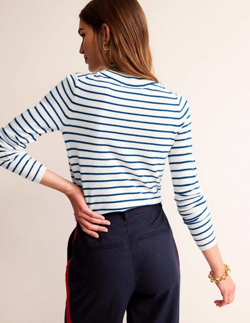 White / Navy Women's Boden Striped Cashmere Sweaters | 67485LCYJ