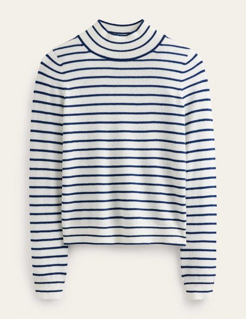 White / Navy Women's Boden Striped Cashmere Sweaters | 67485LCYJ