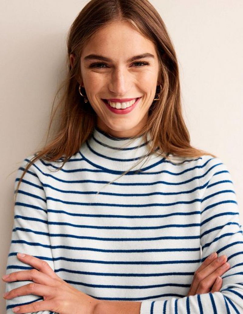 White / Navy Women\'s Boden Striped Cashmere Sweaters | 67485LCYJ