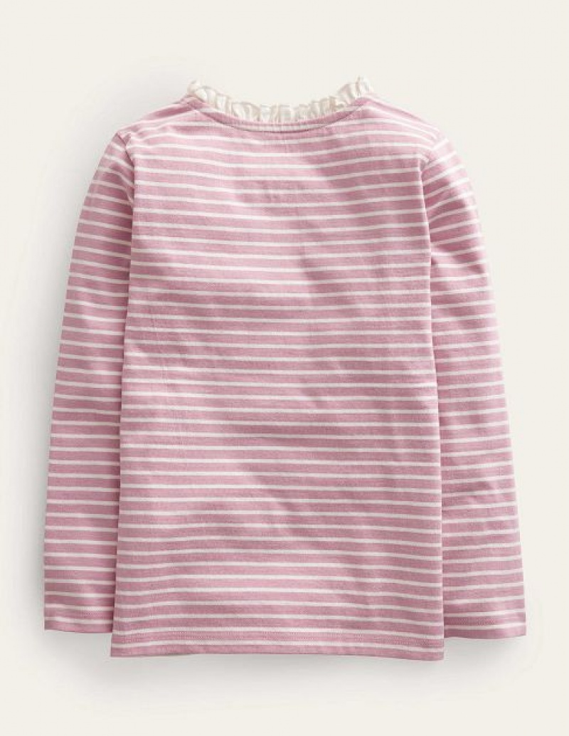 White / Pink Kids' Boden Henley Ruffle Breton Tops | 62548KUJP