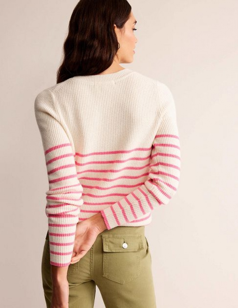 White / Pink Women's Boden Francesca Stripe Jumpers | 53180GBZW