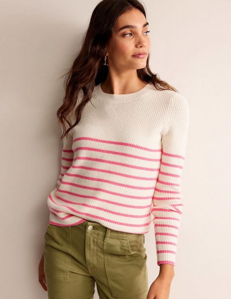 White / Pink Women's Boden Francesca Stripe Jumpers | 53180GBZW