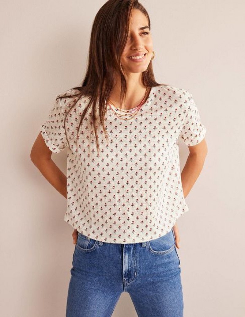 White / Pink Women's Boden Printed Linen T-Shirt | 13520WDGM