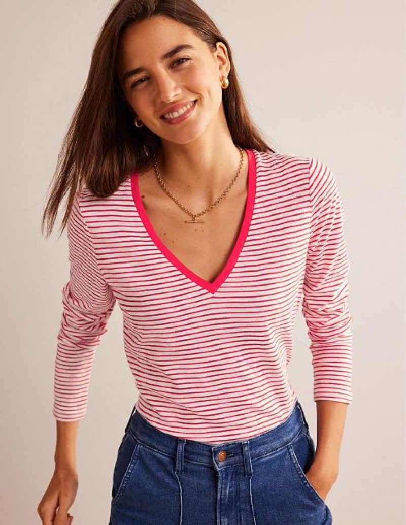 White / Red Women's Boden Cotton V-neck Long Sleeve Tops | 30967UXKQ