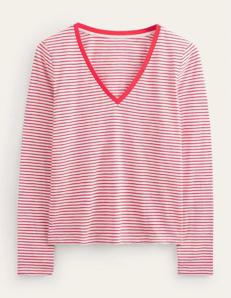 White / Red Women's Boden Cotton V-neck Long Sleeve Tops | 30967UXKQ