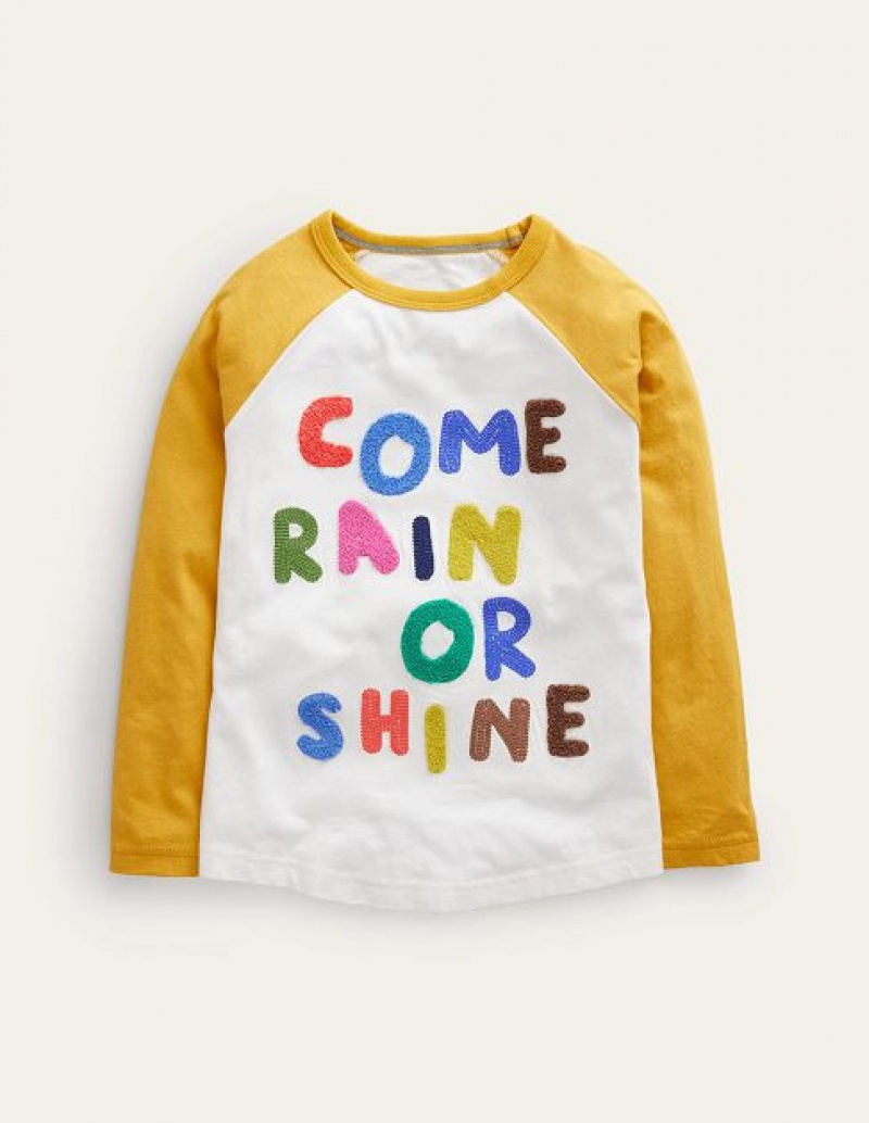 White / Yellow Kids' Boden Joyful Raglan T-Shirt | 86193URQF