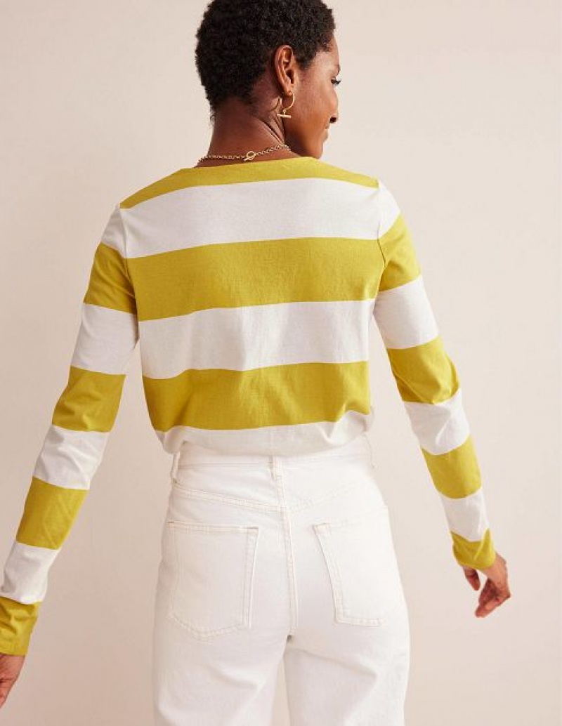 White / Yellow Women's Boden Bea Long Sleeve Breton T-Shirt | 07845UYZS