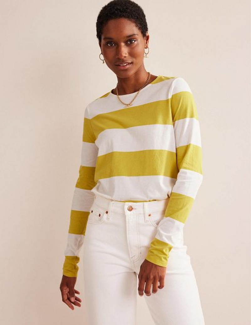 White / Yellow Women's Boden Bea Long Sleeve Breton T-Shirt | 07845UYZS