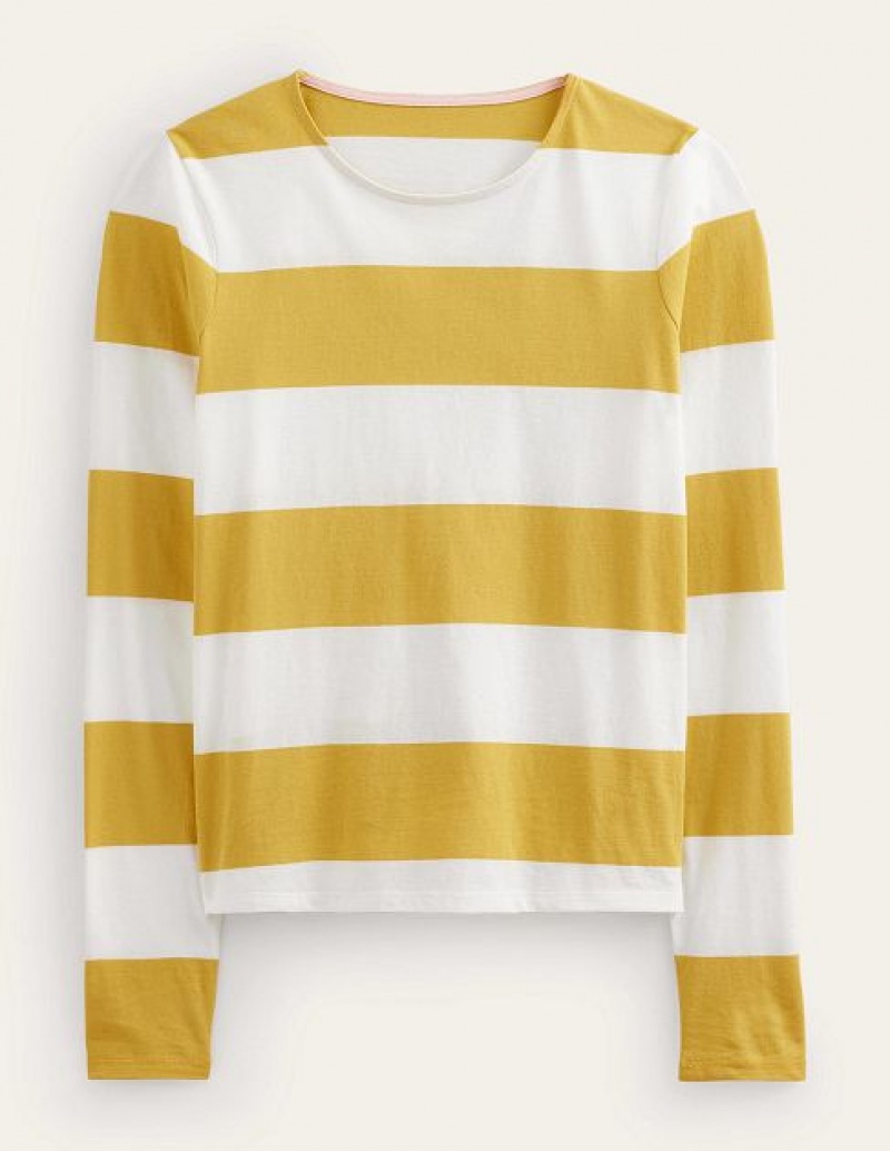 White / Yellow Women's Boden Bea Long Sleeve Breton T-Shirt | 07845UYZS