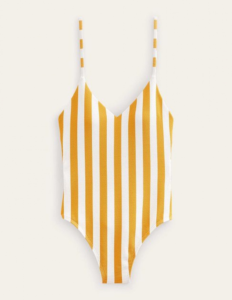 Yellow / White Stripes Women's Boden Skinny Strap Stripe Swimsuits | 09153TVIA