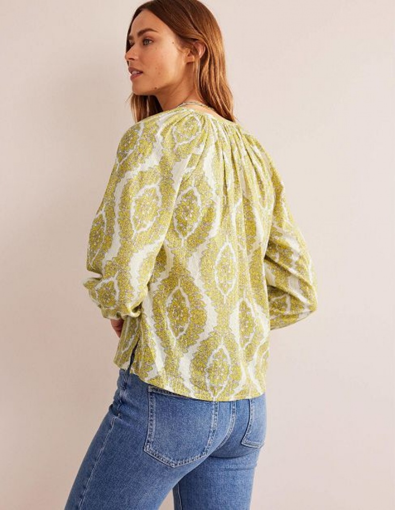 Yellow / White Women's Boden Printed Notch-neck Sparkle Tops | 12357CREP