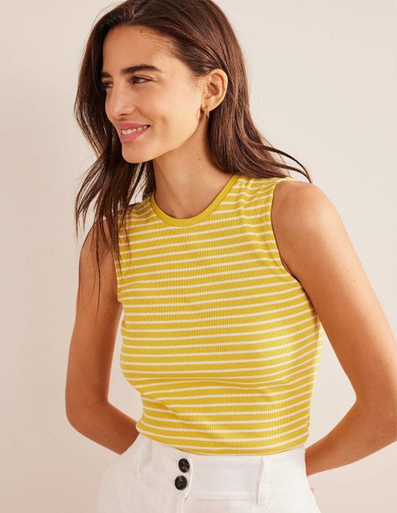 Yellow / White Women's Boden Striped Ribbed Tanks | 47130GAVT