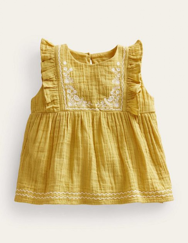 yellow Kids' Boden Embroidered Double Cloth Tops | 70629RXDZ