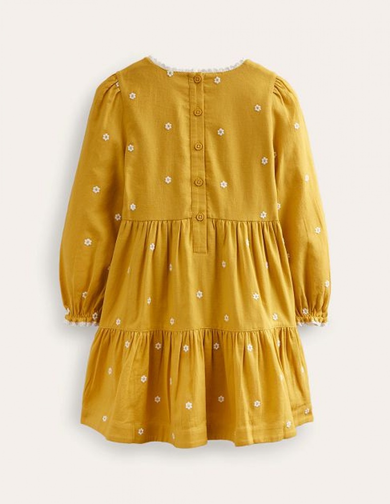 yellow Kids' Boden Embroidered Twirly Dress | 84679LERZ