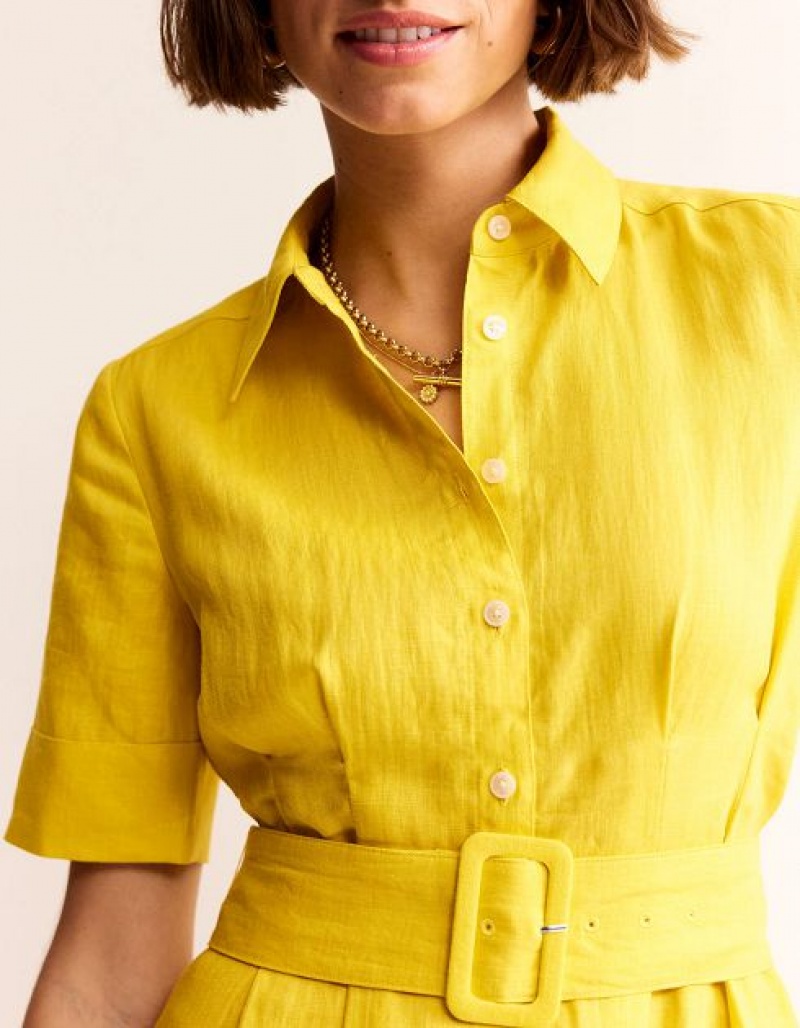 yellow Women's Boden Louise Linen Midi Shirt Dress | 83210HRXZ