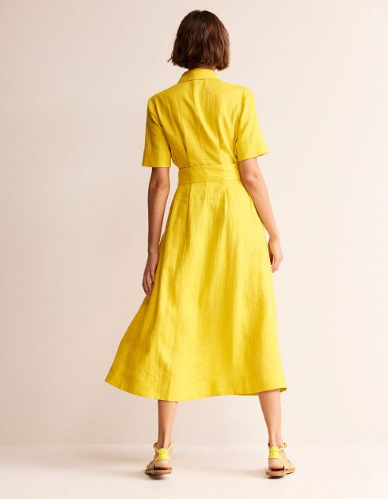 yellow Women's Boden Louise Linen Midi Shirt Dress | 83210HRXZ