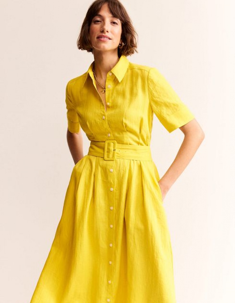 yellow Women's Boden Louise Linen Midi Shirt Dress | 83210HRXZ