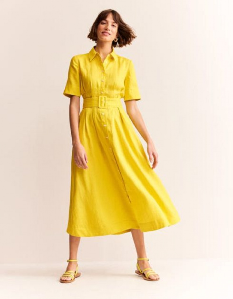 yellow Women's Boden Louise Linen Midi Shirt Dress | 83210HRXZ